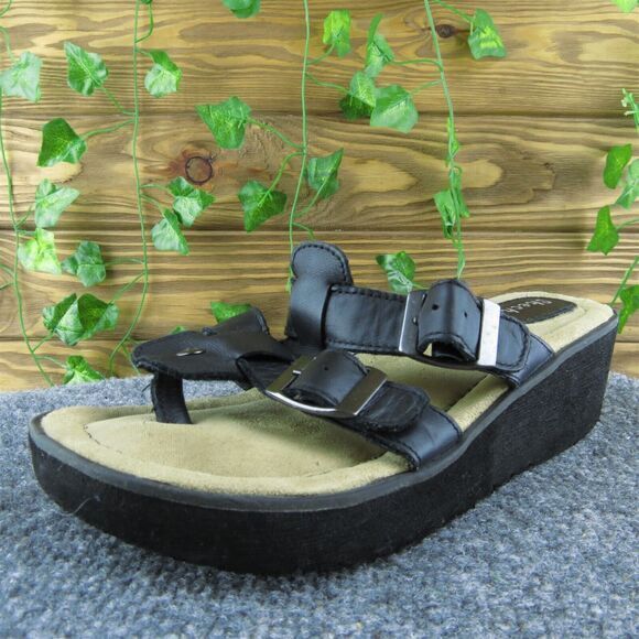 Skechers‎ Women Slide Sandal Shoes Black Leather Size 6 Medium - Picture 1 of 10
